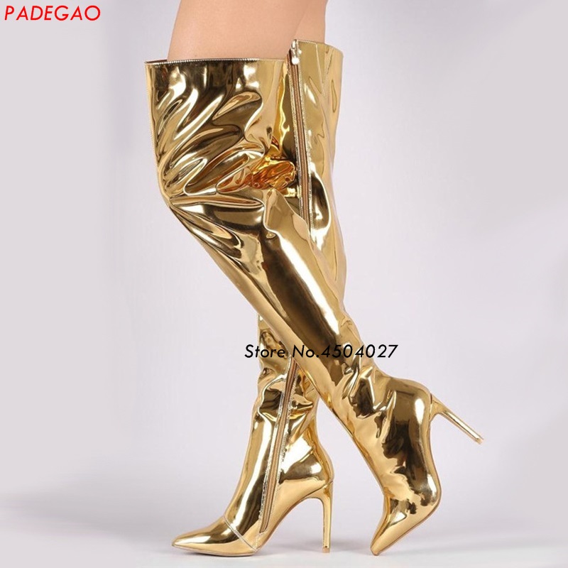 

New Women Over The Knee High Heel Boots Gold Silver Stiletto Heels Fashion Zipper Pointed Toe Boot Shoes, Color 1