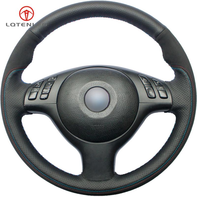 

LQTENLEO Black Genuine Leather Suede Car Steering Wheel Cover for M Sport E46 330i 330Ci E39 540i 525i 530i M3 M5 2000-2006