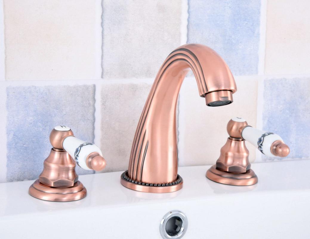 

Deck Mount 3pcs Antique Red Copper Bathroom Basin Faucet Widespread Vanity Sink Tub Mixer Tap Wsf537