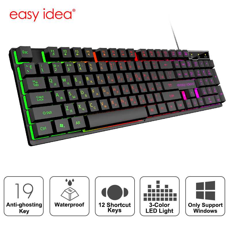 

Gaming Keyboard Gamer Keyboard with Backlight USB 104 Keycaps Wired RGB LED Russian Gaming for PC laptop computer