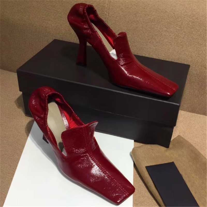 

New Retro All-match Square Toe Stiletto Heel Muller Single Shoes Fold Elastic Band One Pedal Soft Leather Sexy Witch Shoes, As show