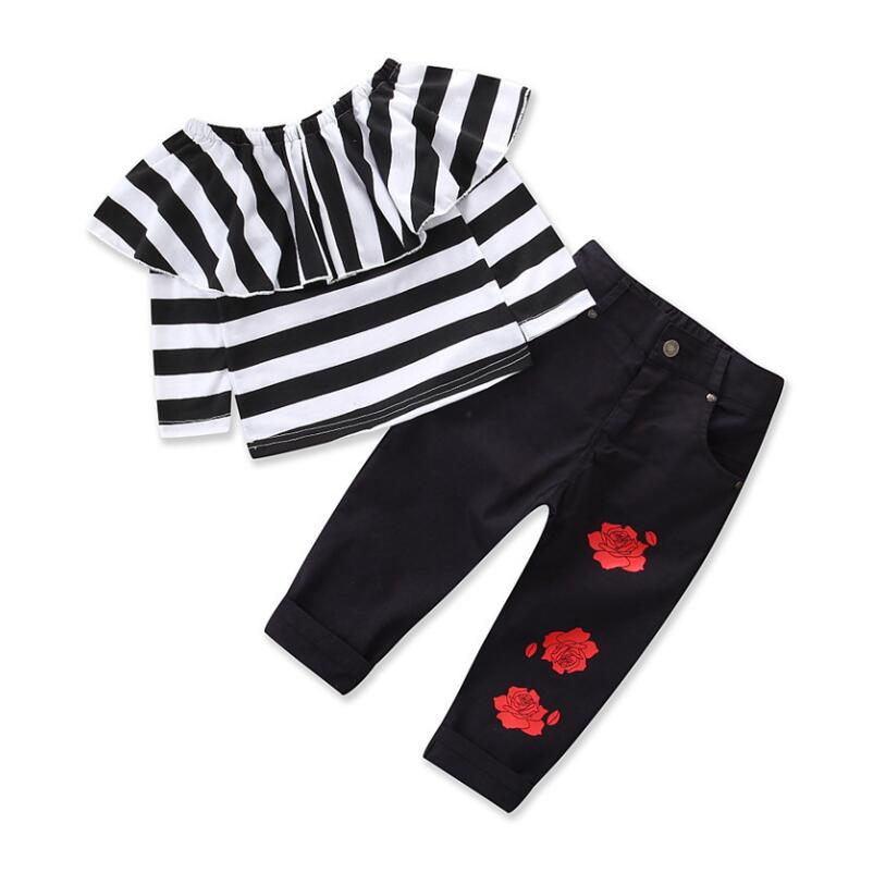 

2pcs girls clothes Baby Girl Off Shoulder Stripe T-Shirt Top flowers Jeans Pants Toddler Outfit Summer children clothing 2-6T, Picture