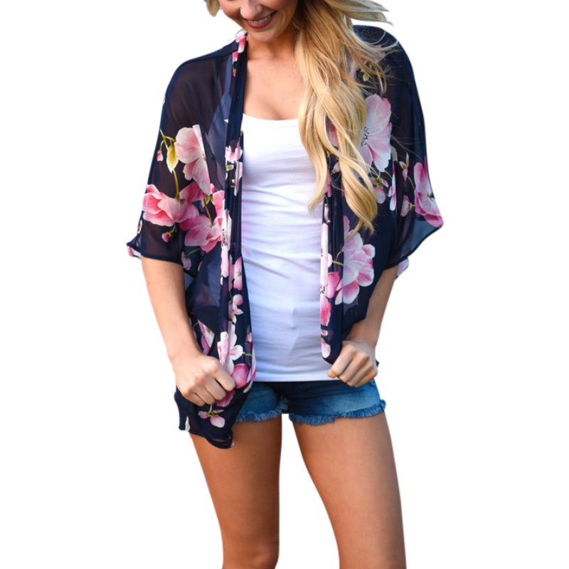 

Women Summer Blouse Tops 2020 Vintage Floral Print Chiffon Shirt Kimono Cardigans See Through Beach Wear Loose Female Clothing, 01