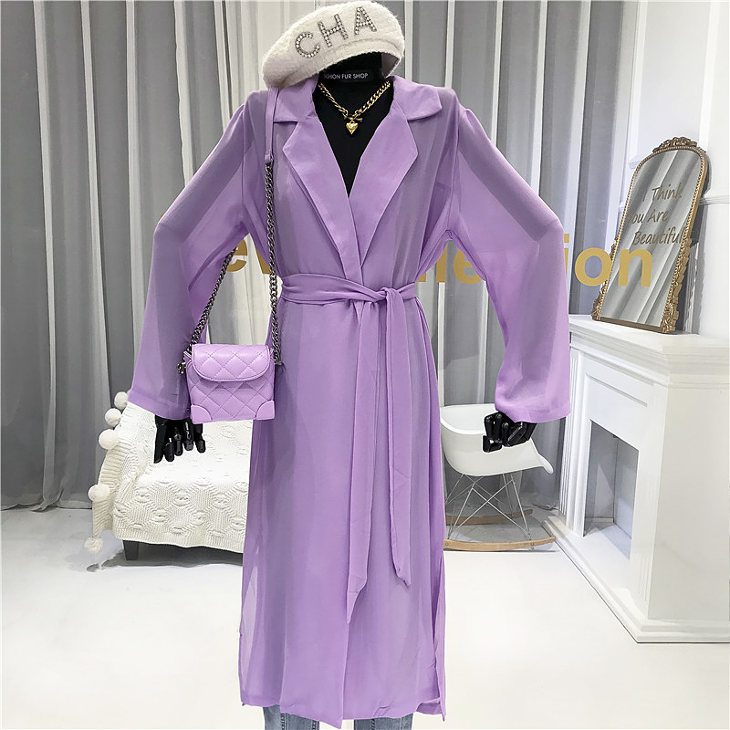 

Long Trench Coat for Women 2020 Summer Thin Turn-down Collar Adjustable Waist Wide-waisted High Street Chiffon Coats Women, Black