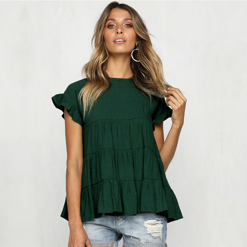

Summer Fashion Butterfly Sleeve T Shirt Women Solid Ruffles O Neck Casual Top 2020 New, Sky blue