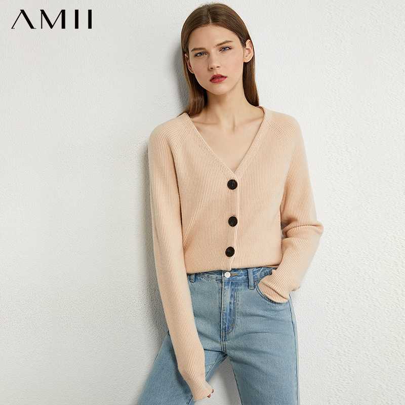 

AMII Minimalism Autumn Fashion Women Sweater Knitted Solid Vneck Single-breasted Women Cardigan Causal Knitted Sweater 12020326, Black