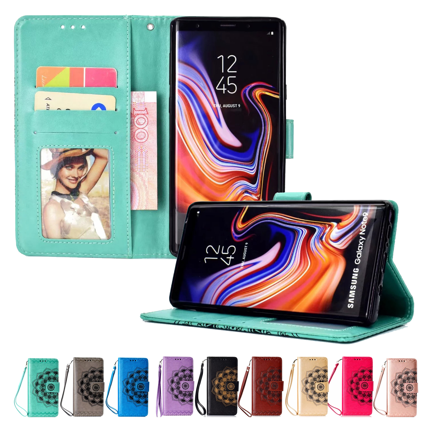 

PU Leather Wallet Phone Case for Samsung Galaxy S20 Ultra S10 S9 Plus Note9 A70 A50 iPhone 11 Pro Max Flower Embossing Flip Stand Cover Case, Rose gold