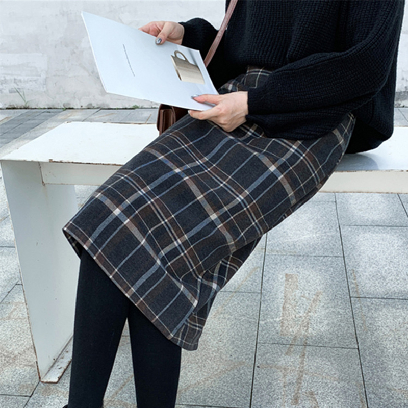 

Ailegogo 2020 Autumn Winter Women Straight Plaid Midi Skirts Package Hip Preppy Style High Waist Vintage Female Skirts SK126, Khaki