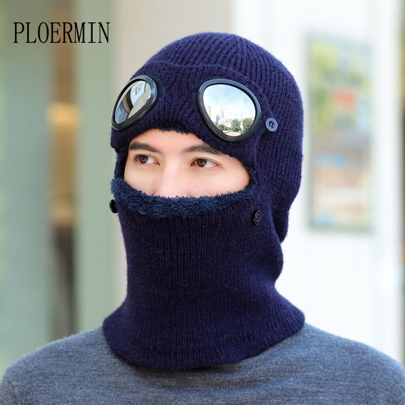 

Double-use Winter Knitted Hat Men Warm Wool Scarf Caps Set Beanies Skullies Ski Cap with Removable Glasses for Men Women, Khaki