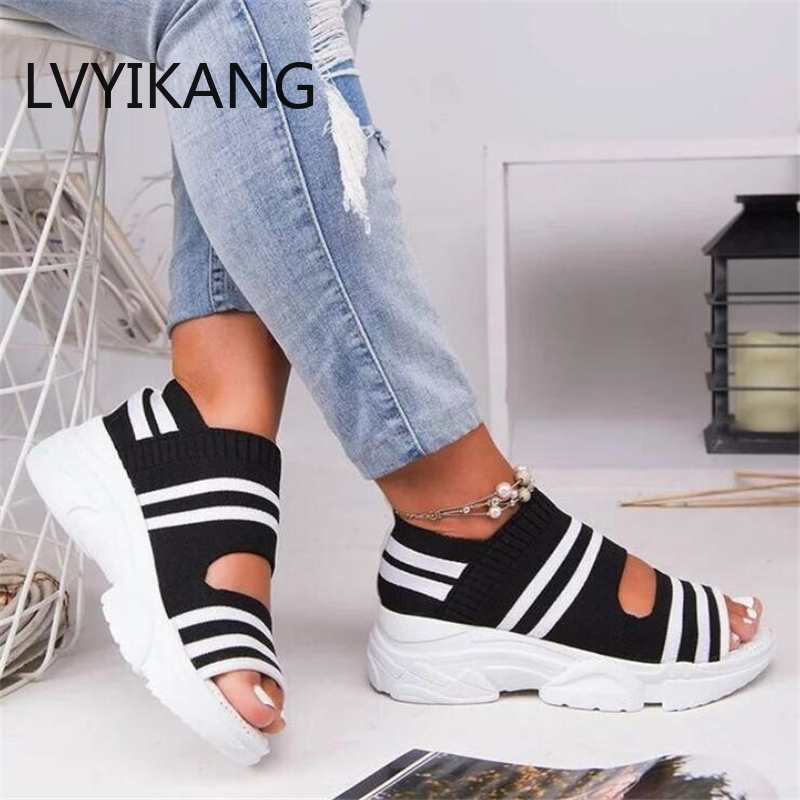 

Summer 2020 New Women's Sandals Fashion Wedge Heels Shoes Woman Non-slip Comfortable Mesh Elastic Brand Flat Bottom Women Shoes, Gray