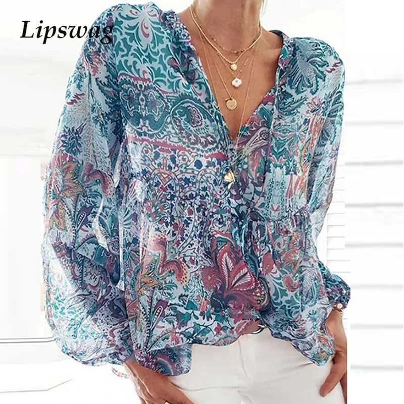 

Elegant V Neck lantern Long Sleeve Women Blouse Shirts 2020 Autumn Vintage Print Tops Casual Female Office Streetwear Blusa 3XL, Red