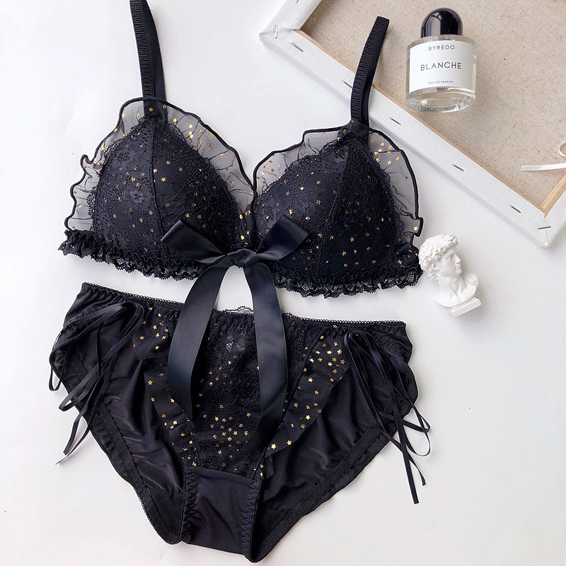 

Wriufred Fairy Sequins Bra Lace Sexy Brassiere Underpants Embroidery Triangle Cup Small Chest Gathered Bow lingerie Panties Sets, Black