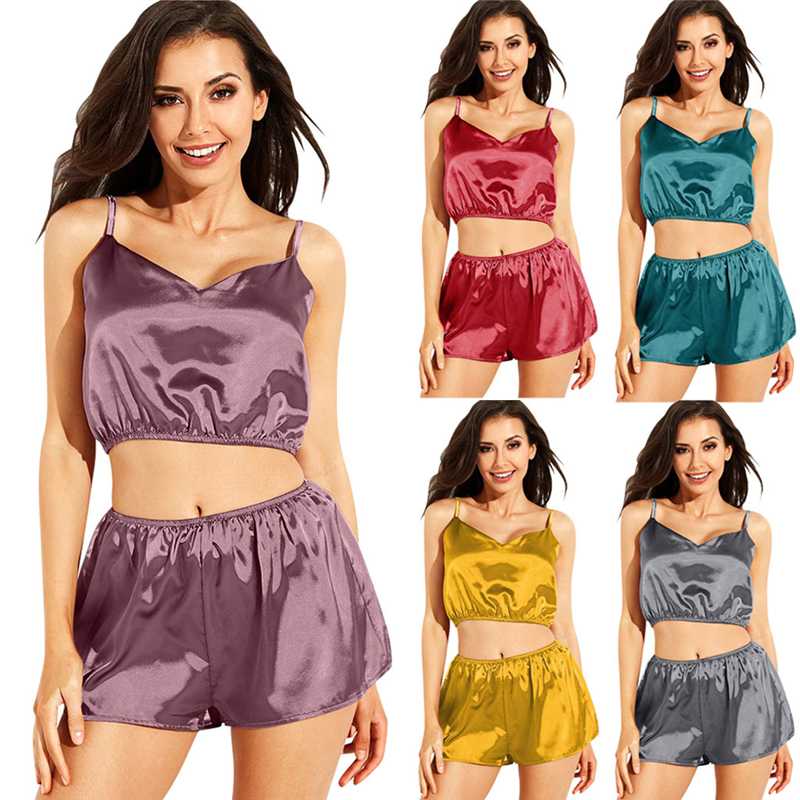 

Satin Tracksuit Women Two Piece Set Summer Clothes Pajamas Suits Sexy Spaghetti Strap Crop Shorts Sleepwear Ladies Club Outfits, Red