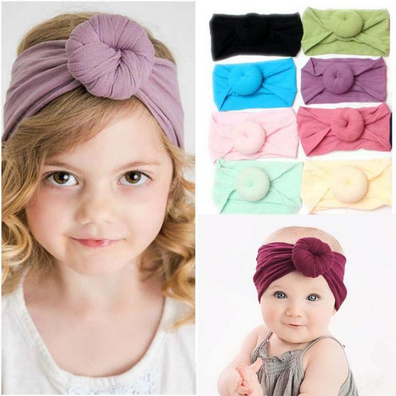 

100pcs Girls Round Knot Nylon Headbands Elastic Wide Nylon Hair Bands Kids Turban Round Hair Accessories, Color 9