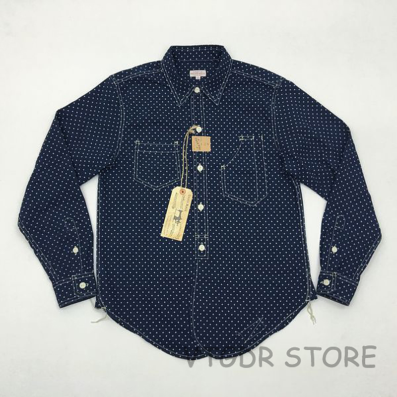 

Bob Dong 1920s Vintage Wabash Indigo Work Shirt Fall Men's Star Pattern Long Sleeve Casual Pocket Workshirt