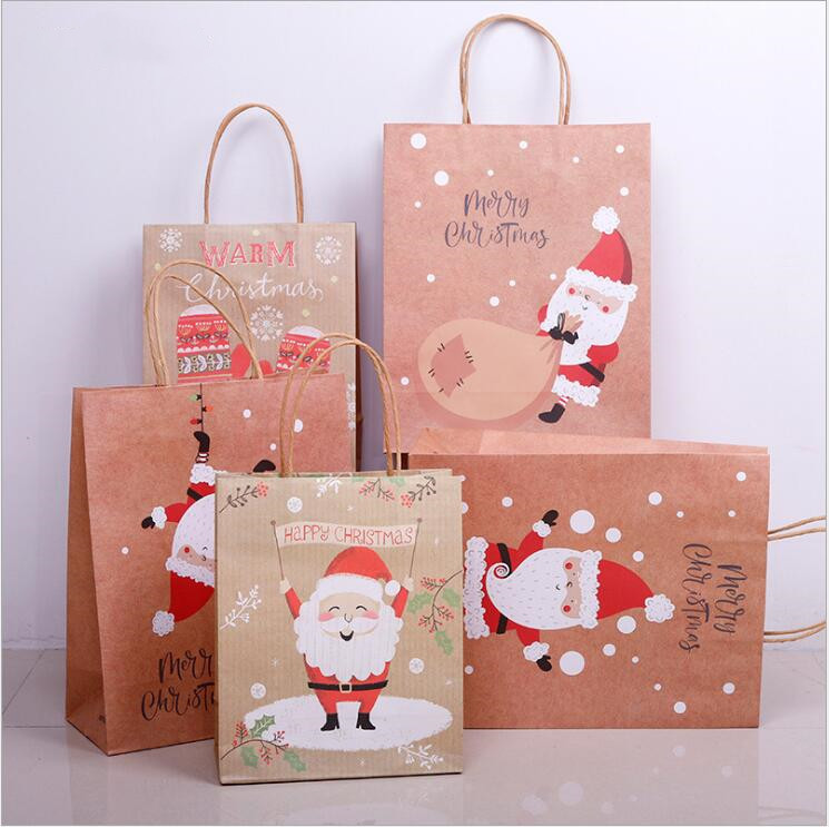 

24pcs Restro Kraft Paper Christmas Bag Candy Cookie Apple Packaging Bag Christmas Tree Socks Paper Gift With Handle