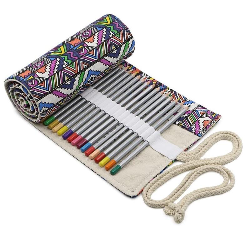 

Bohemian Style Pencil Wrap Bag, 36/48/72 Slot Canvas Folding Pouch Roll for Brush Marker Pens Stationery School Travel A6573