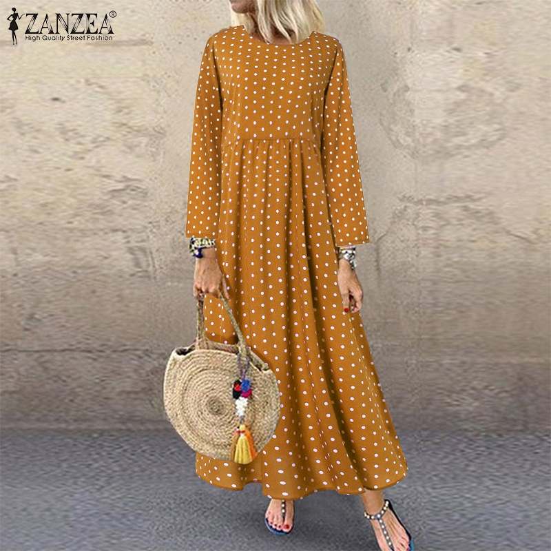 

ZANZEA Women Vintage Sundress Robe Femme Autumn Polka Dot Printed Long Sleeve Kaftan Vestido Plus Size Party Dresses Long Dress, Black