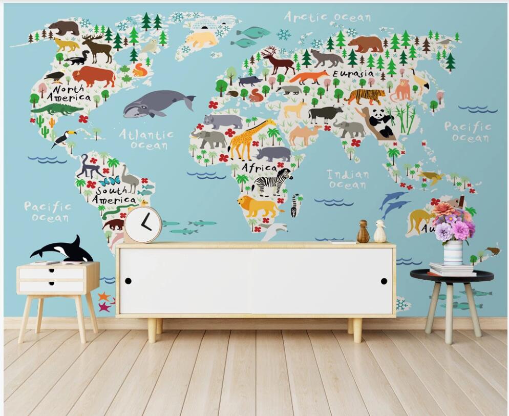 

3d wallpaper custom photo mural on the wall Modern cartoon animal world map children's room decor 3d wall murals wallpaper for living Room, Non-woven wallpaper