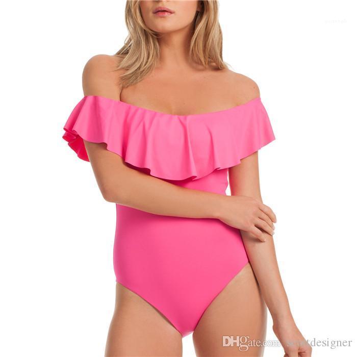 Solid Color One Piece Bathing Suit Sexy Fashion High Waist Casual Apparel Womens Summer Ruffled One Shoulder Swimwear-image-581187807