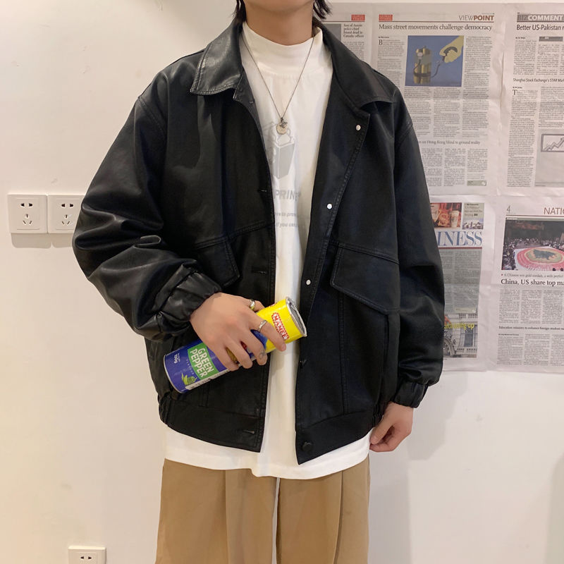 

Autumn Korean Leather Jacket Men's Fashion Casual Black Motorcycle Jackets Mens Streetwear Wild Loose Hip-hop Bomber Jacket Men