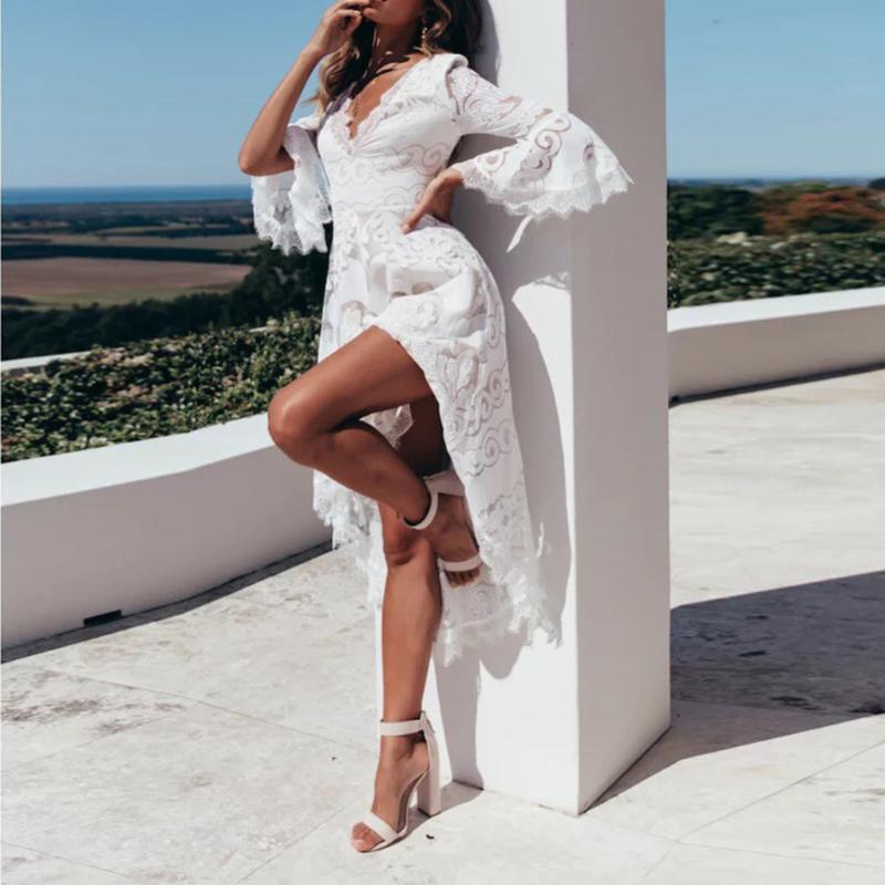 

StylishBar Hollow Out White Dress Sexy Women Knee-Length Dress Party Holiday Semi-sheer V-Neck Flare Sleeve Crochet Lace Dresses