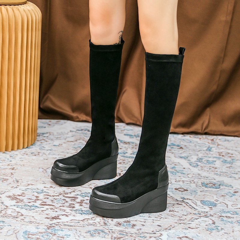 

Wedges Boots Women Platform Shoes 2020 Winter Fashion Black Suede Boots Sexy Casual Ladies Shoes Round Toe Knee High, Knee-high black