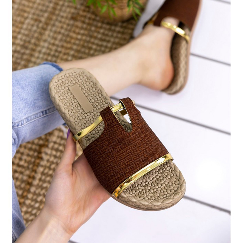 

Blas Tan Skin Slippers shoes heel dress Air Network flat platform cloth round leather gel slip-resistant sandals, As pic