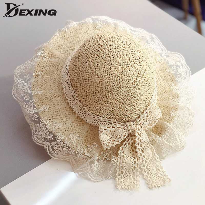 

2020 Summer Women Floppy Straw Sun Hat Foldable With Lace Bow Big Wide Brim Lace Up Caps Beach UV Protection Hats Breathable, Khaki