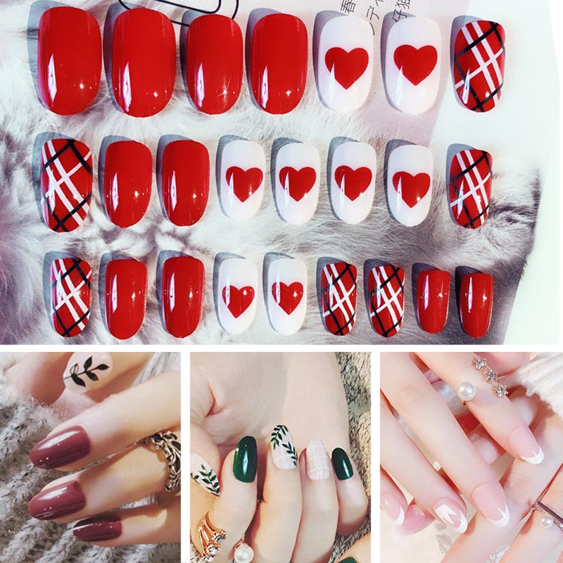 

24pcs Ladies DIY Fake Nail Heart Pattern Red White Striped DIY Manicure False Nails Decals SK88, 09