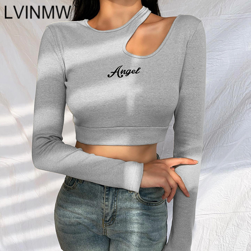 

LVINMW Sexy Letter Print O Neck Long Sleeve Crop Top Autumn Women Off Shoulder Gray Soft Skinny T Shirt Female Streetwear