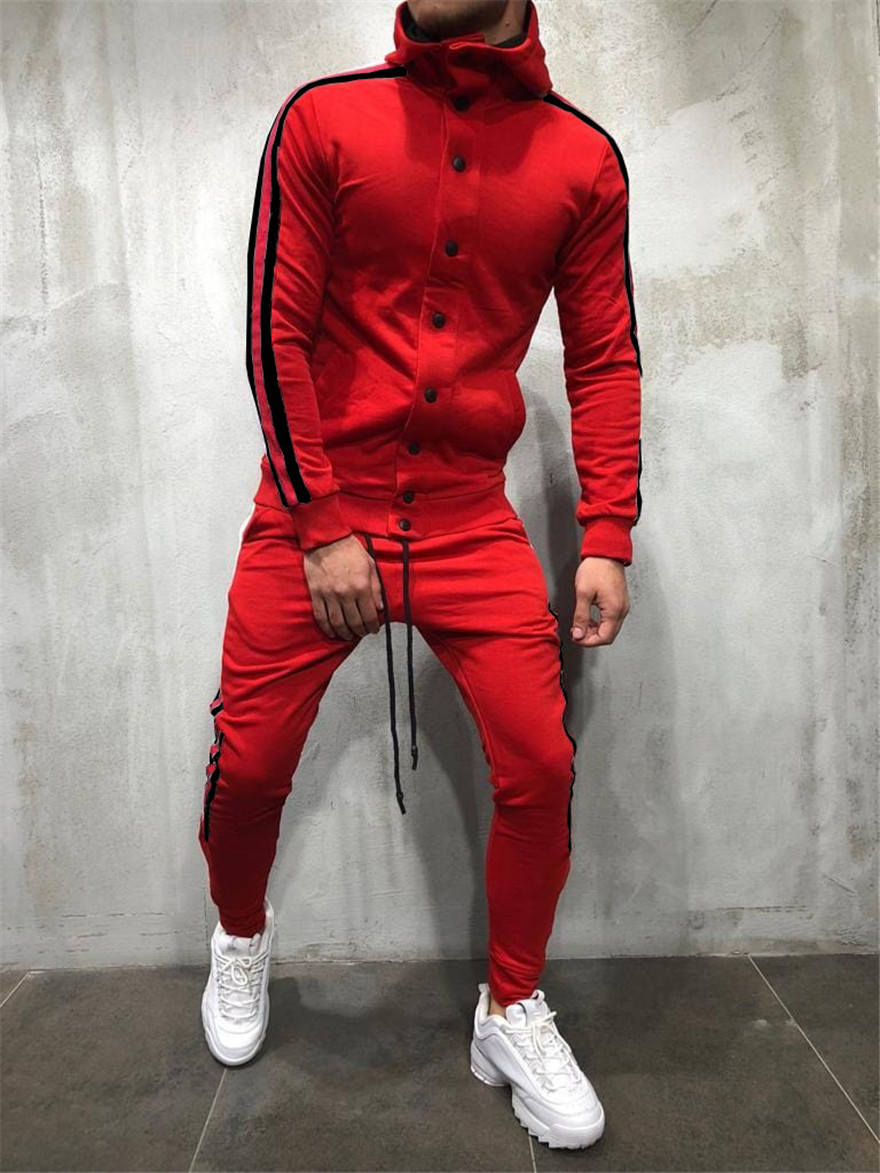 

Men Tracksuit Cardigan Hiphop Striped Hooded 2PCS Suits Casual Solid Color Men Jogging Suits with Button Man Designers Clothing 2020