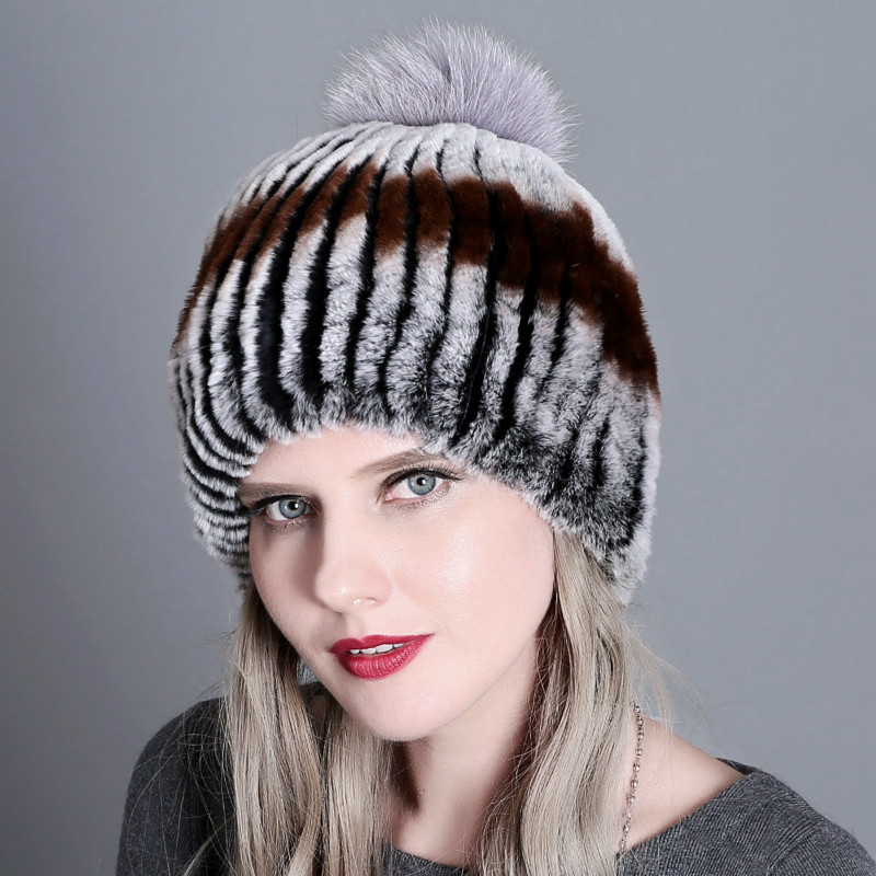

Female Rex Hair Ear Protection Beanies Cap Autumn Winter European American Women Hat Fur Ball Pompom H7032, Style8