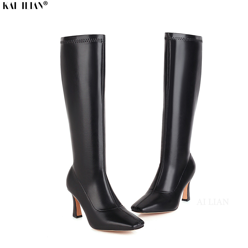 

Shoes Women Winter gothic shoes knee high boots leather high heels 2020 new high-quality femmes bottes ladies Plus size 44 45 43, Black
