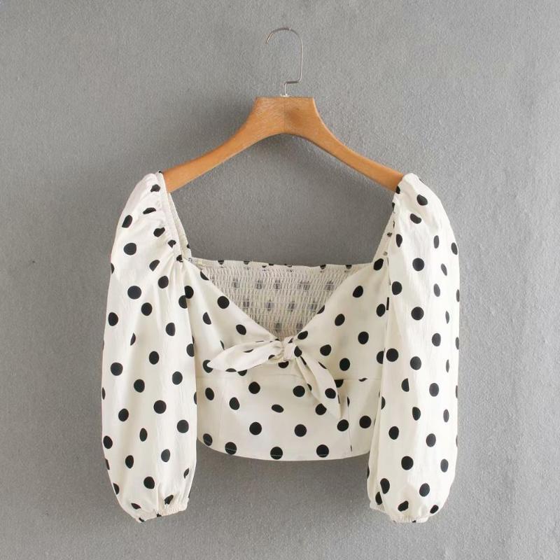 

2020 New Fashion women polka dot print bow short shirt office lady side zipper casual blouses chic back elastic tops LS6485, As pic ls6485o