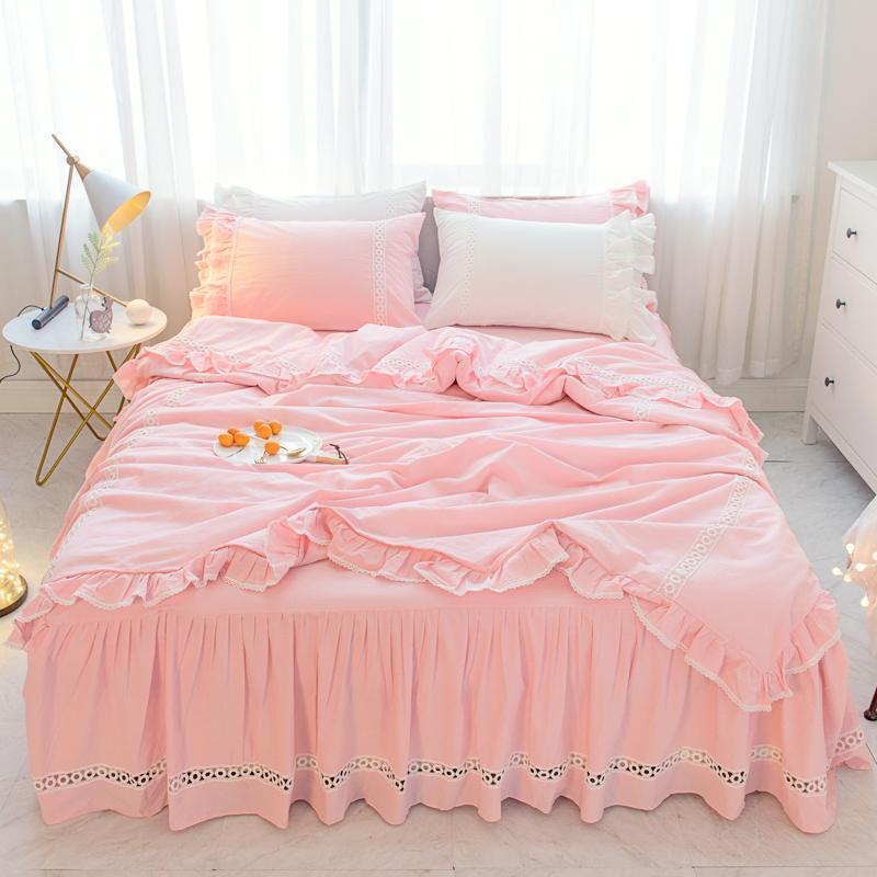 

Pink white grey korean princess bed skirt duvet cover set 100%cotton bedding sets  queen king size girls kids bedding sets, Color 2