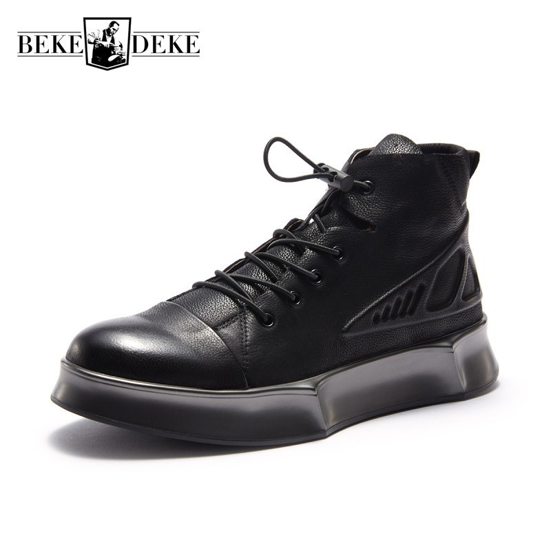 

High Top Mens Korean Winter Fleeec Lining Outdoor Boots Casual Lace Up Thick Bootom Round Toe Genuine Leather Male Cowhide Boots, Red