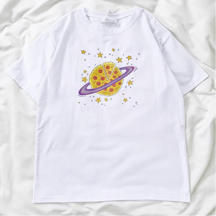 

Planet Pizza cute girl print summer loose o neck short sleeve T-shirt women, Pink