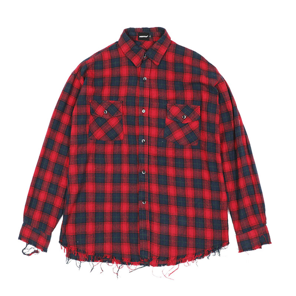 

Brand Fashion Hiphop Mens Raw Edge Flannel Shirts Oversized Plaid Tartan T-shirt Streetwear Clothing, Yellow