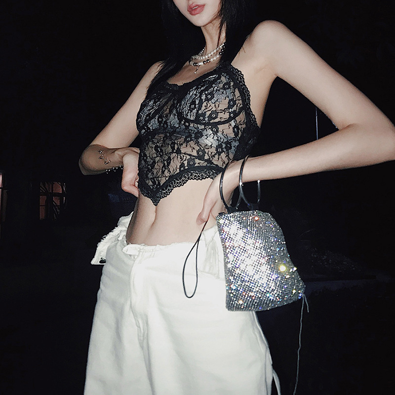 

New summer solid color mesh lace sexy camisole women, Black