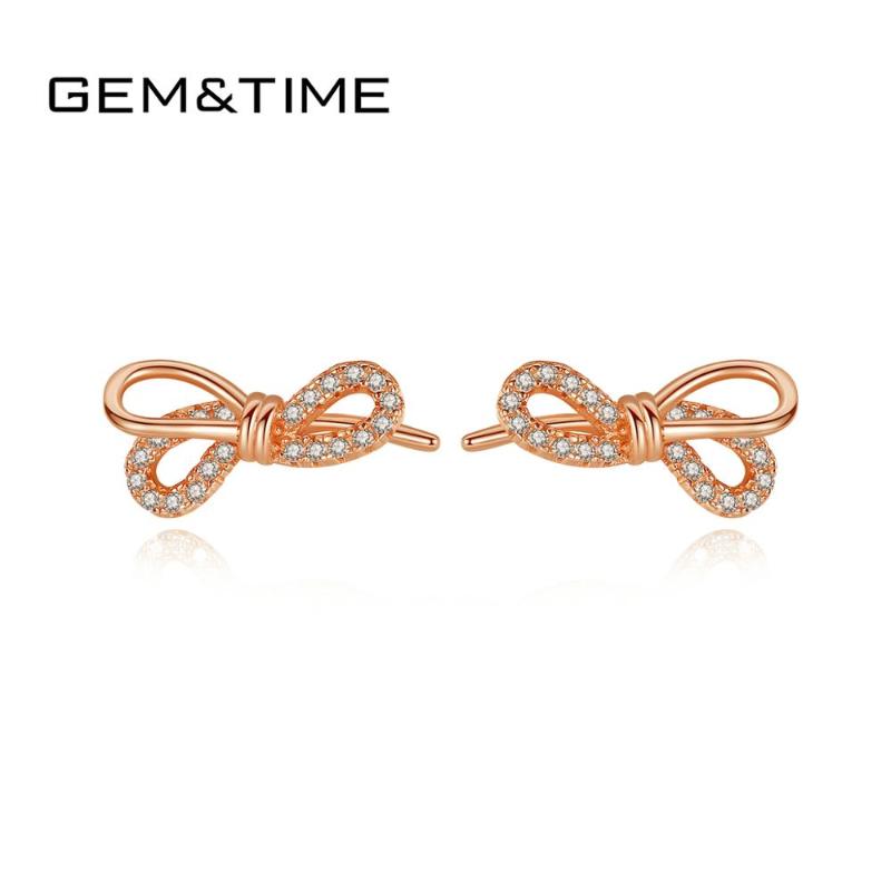 

Gem&Time Real 925 Sterling Silver Cute Bowknot Stud Earrings For Women With Cubic Zircon Korean Rose Gold Earring Jewelry FE-032