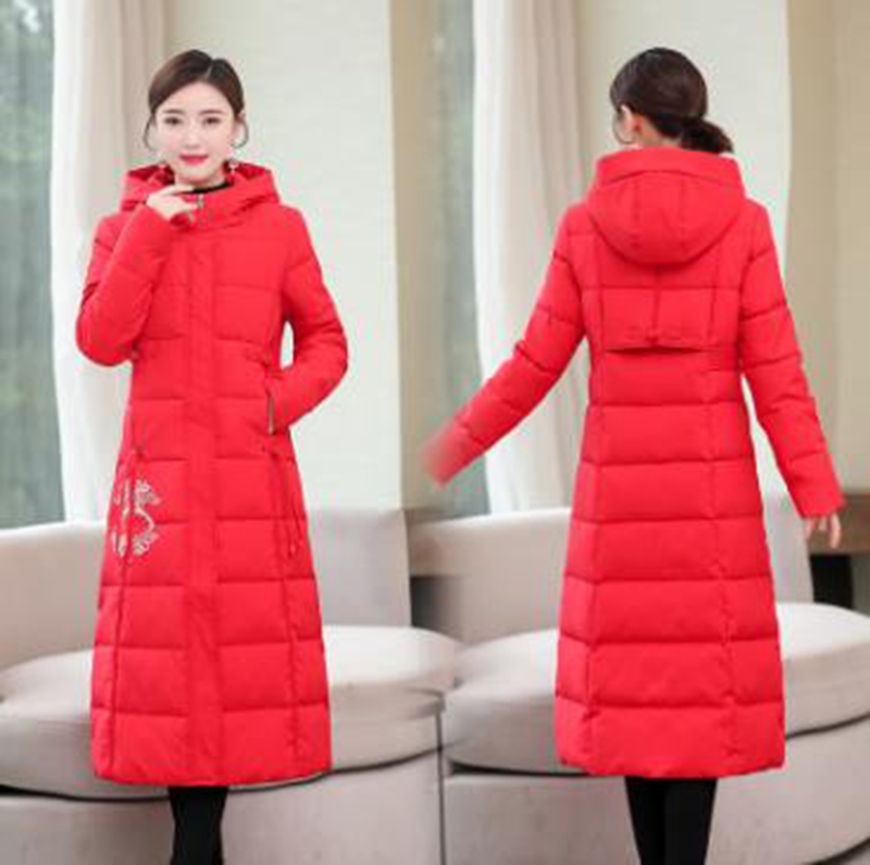 

Wholesale fashion women's winter clothes new ethnic style embroidery long slim down padded jacket, Creamy-white