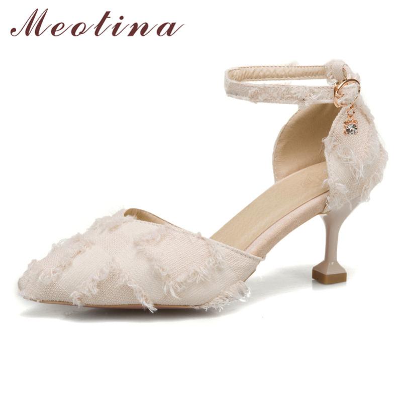 

Meotina Ankle Strap Women Shoes High Heel Two-Piece Shoes Pointed Toe Stiletto Heels Buckle Footwear Lady Summer Beige Black 46