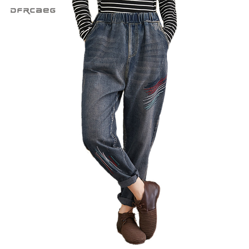

Blue Vintage Embroidey Boyfriend Jeans For Women 2020 Spring Elastic Waist Retro Streetwear Denim Jeans Straight Pants Ladies