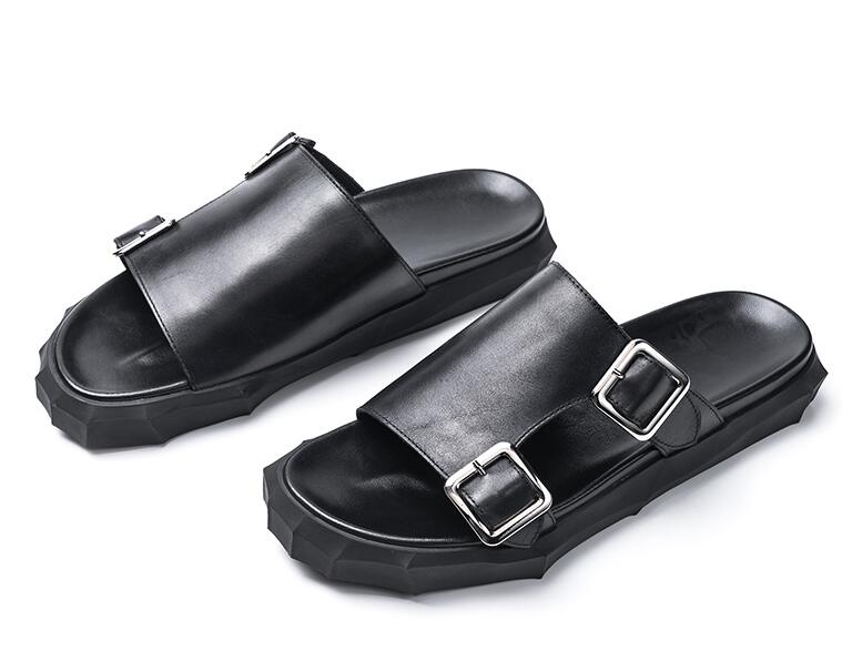 

Slip-On Men's Scuffs Buckle Genuine Leather Platform 3cm Height Increasing Shoes Casual Seaside Flats Moccasins Summer Sandals, Black