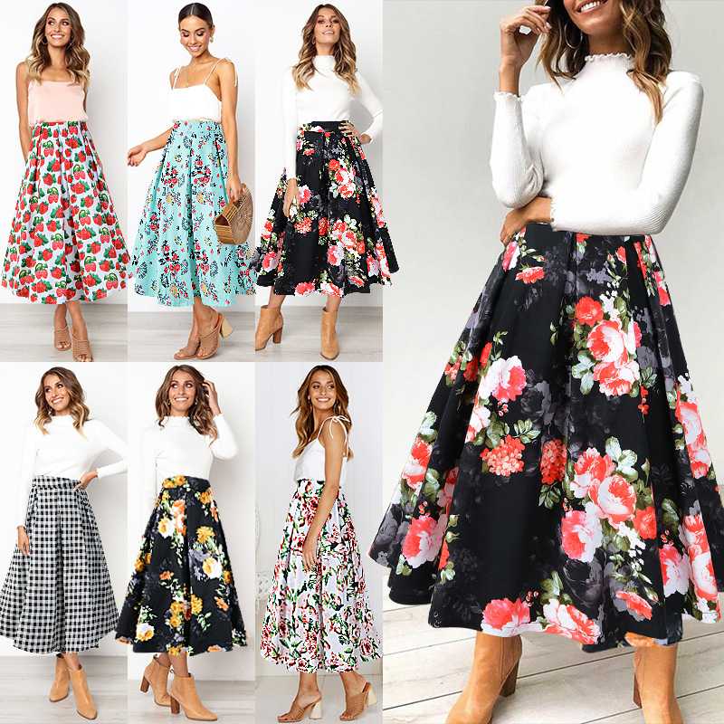 

Floral Print Pleated Midi Skirt Women Elastic High Waist Side Pockets Skirts Summer 2020 Print retro all-match short skirts for, Gray