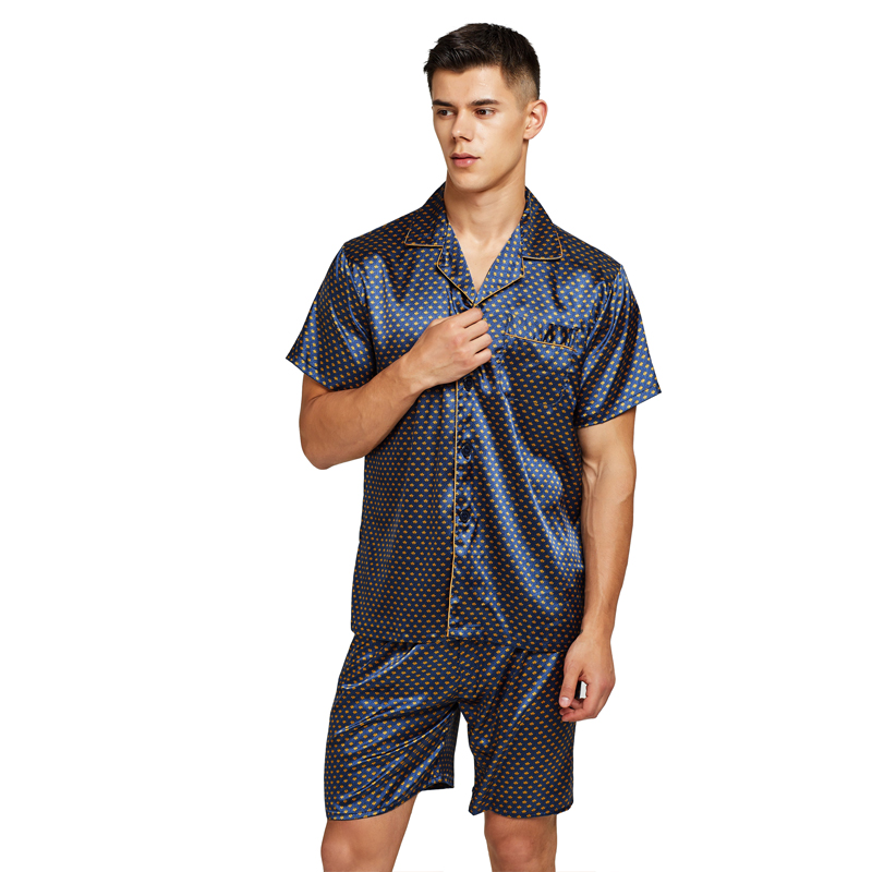 

Tony Candice Satin Silk Pajamas Shorts For Men Rayon Silk Sleepwear Summer Male Pajama Set Soft Nightgown For Men Pajamas, Blue with golden