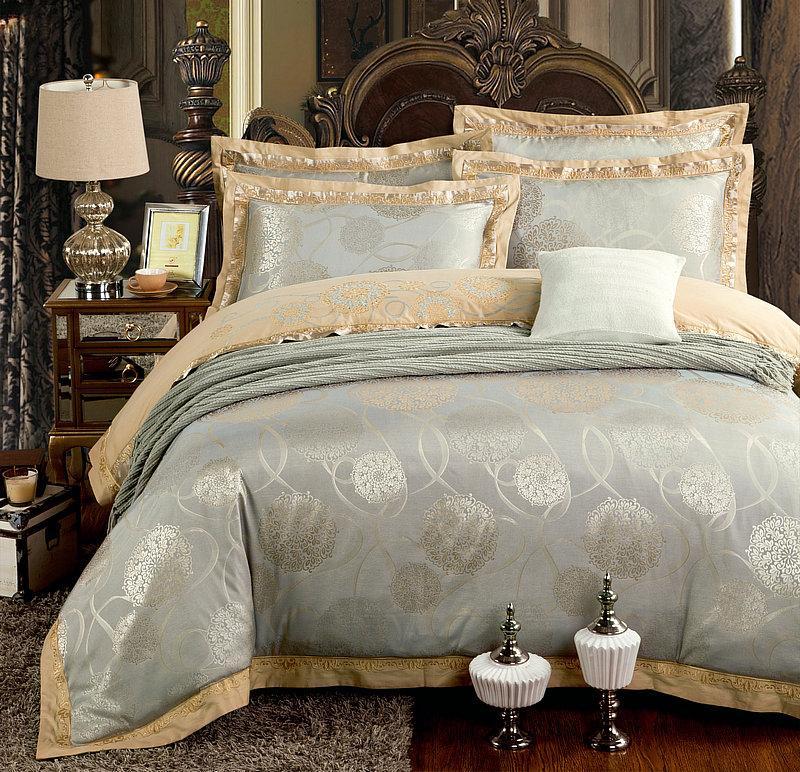 

Gold Silver Beige Luxury Silk Jacquard Bedding set Queen King size Duvet cover set Embroidery Bed sheet Linen Pillowcases