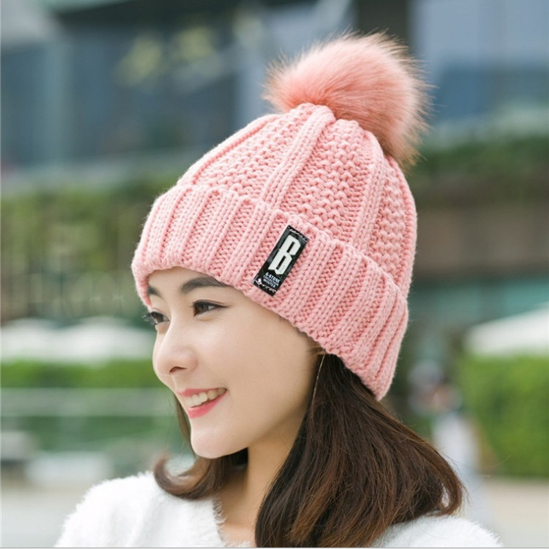

Wholesale 2020 New PomPoms Winter Hat for Women Fashion Letter Warm Hats Knitted Beanies Cap Girl Wool Warm Thick Female Cap, Beige