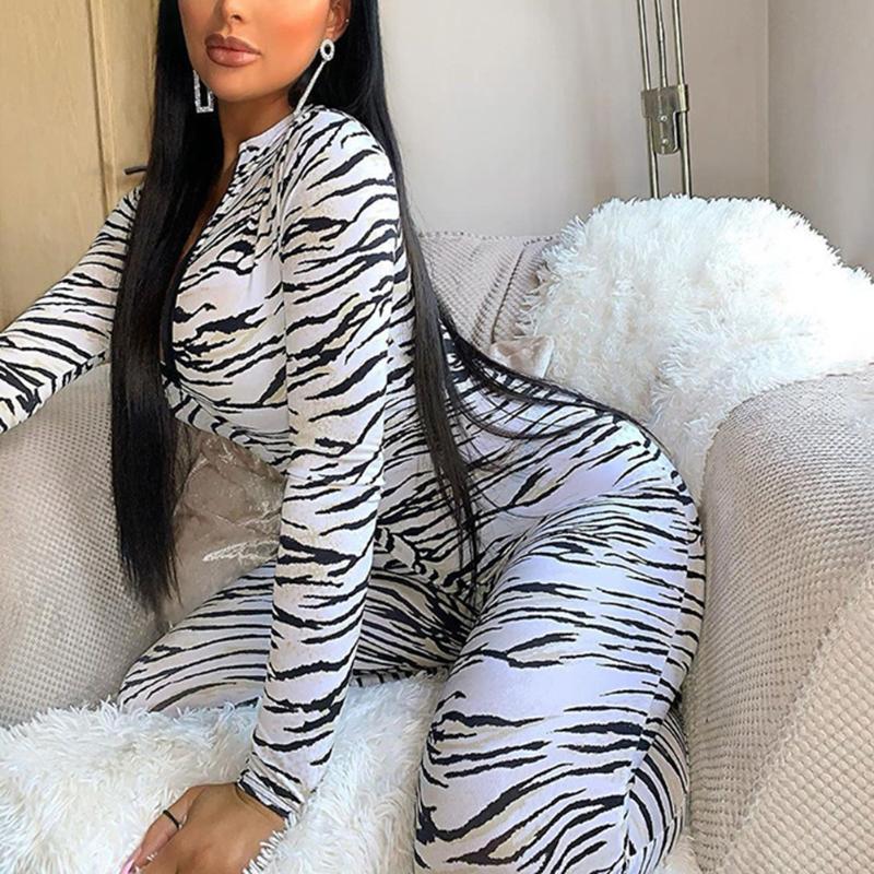 White Tiger Skin Print Jumpsuits Women Zipper Bodycon Sexy Autumn Long Sleeve Mock Neck Sexy Wild Girl Jumpsuit Clothes-image-569768359